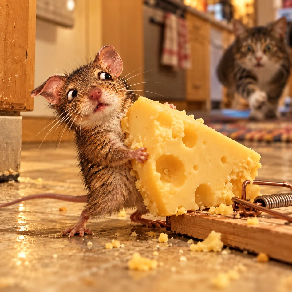 Mouse carrying an oversized wedge of cheese past a surprised cat